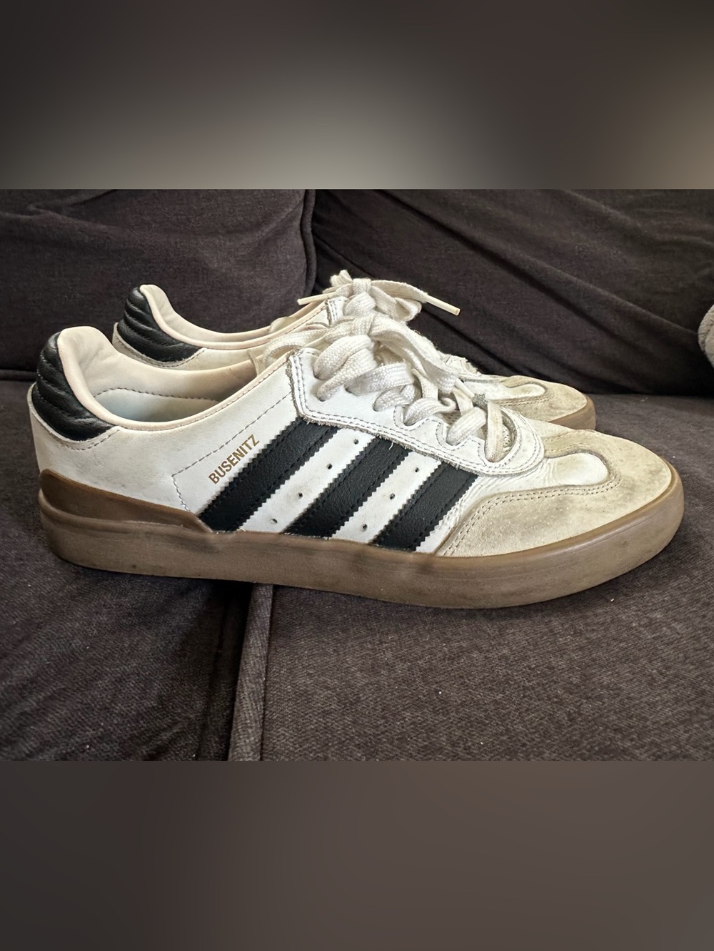 Adidas Busenitz White Sneakers with Black Stripes and  gum sole